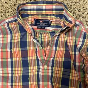 Vineyard Vines Multicolor Plaid Button-Down — Navy, Coral, Yellow, Green